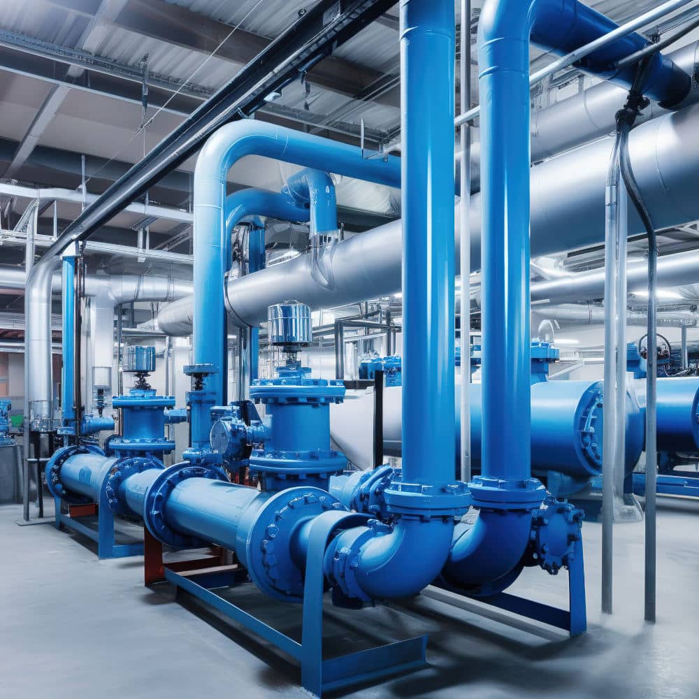 Large industrial boiler room and water treatment facility, blue pumps, shiny stainless metal pipes, and valves.